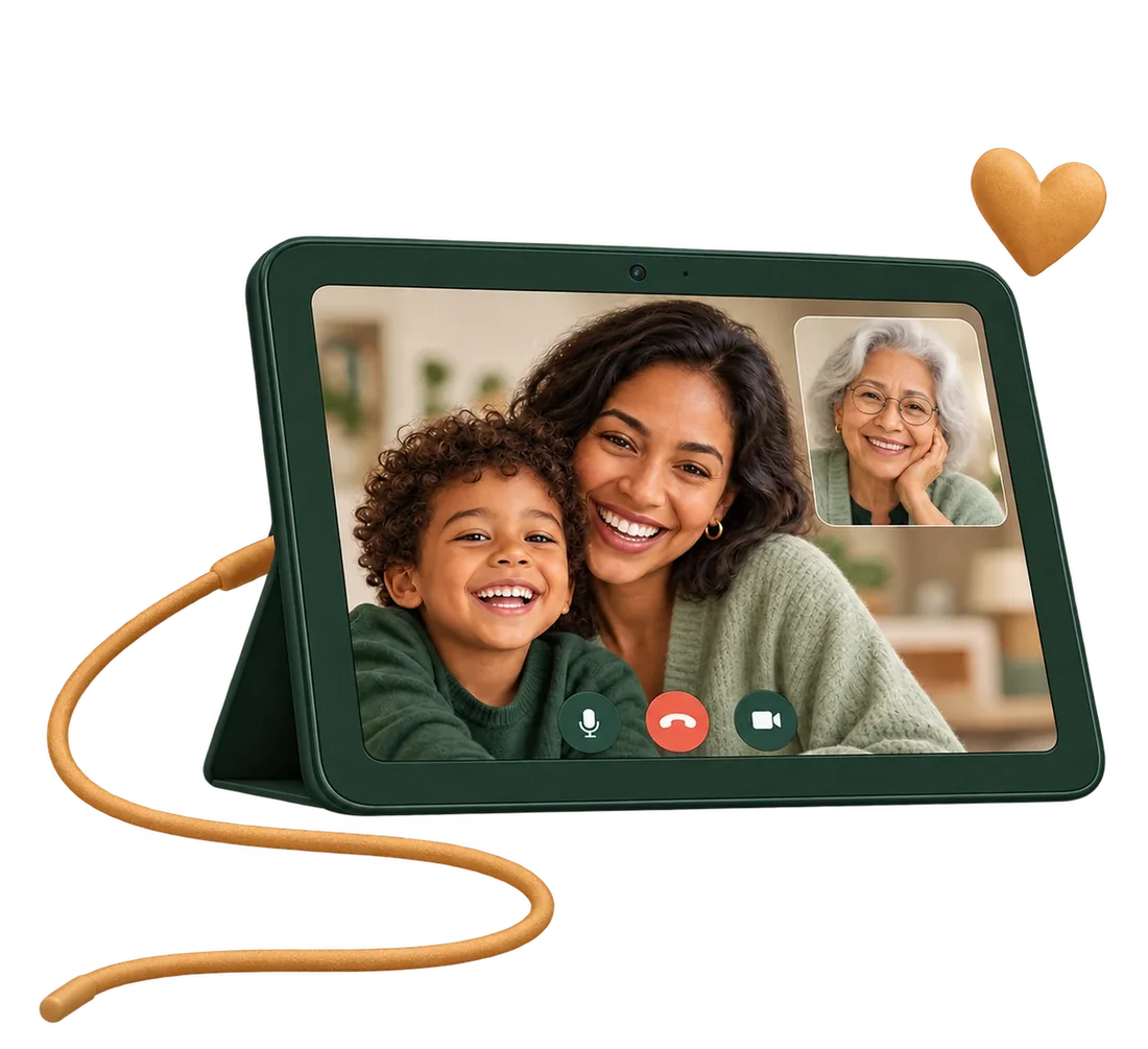 Une tablette montre une mère et son enfant en appel vidéo avec une aînée, reliés par un fil ocre.